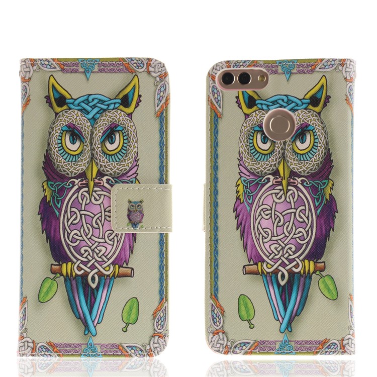 Patterned Wallet Stand Leather Mobile Case for Huawei Y9 (2018)/Enjoy 8 Plus - Colorful Owl-3