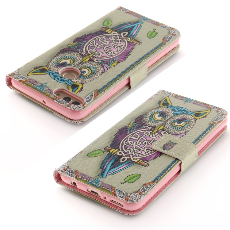 Patterned Wallet Stand Leather Mobile Case for Huawei Y9 (2018)/Enjoy 8 Plus - Colorful Owl-4