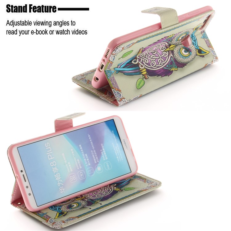 Patterned Wallet Stand Leather Mobile Case for Huawei Y9 (2018)/Enjoy 8 Plus - Colorful Owl-5