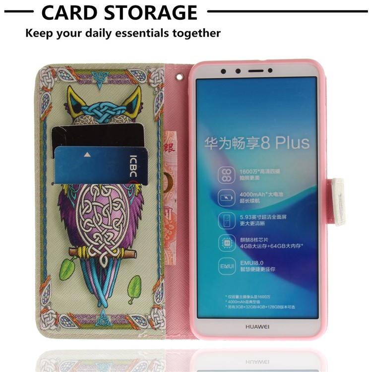 Patterned Wallet Stand Leather Mobile Case for Huawei Y9 (2018)/Enjoy 8 Plus - Colorful Owl-7