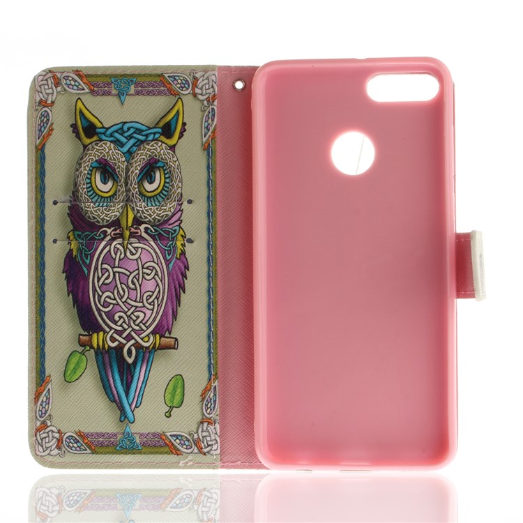 Patterned Wallet Stand Leather Mobile Case for Huawei Y9 (2018)/Enjoy 8 Plus - Colorful Owl-8
