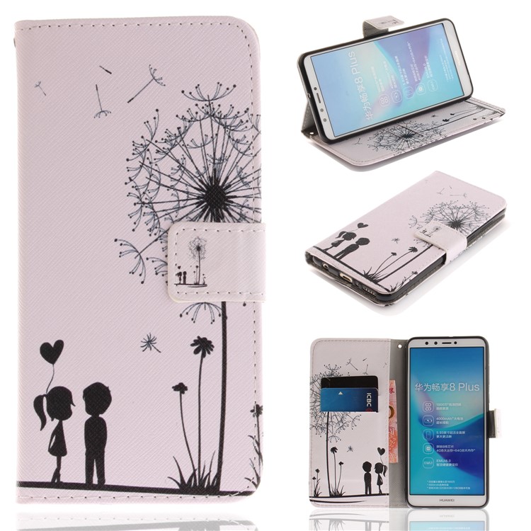 Patterned Wallet Stand PU Leather Cover Case for Huawei Y9 (2018)/Enjoy 8 Plus - Dandelion and Lovers-1