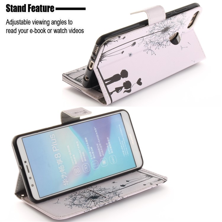 Patterned Wallet Stand PU Leather Cover Case for Huawei Y9 (2018)/Enjoy 8 Plus - Dandelion and Lovers-5