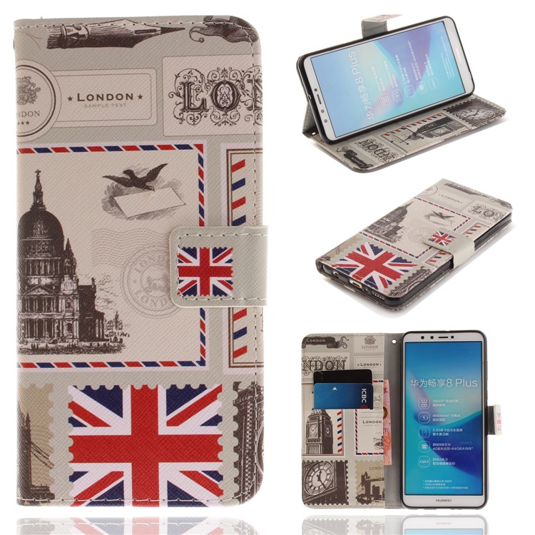 Patterned Wallet Stand Leather Cellphone Cover Case for Huawei Y9 (2018)/Enjoy 8 Plus - London Elements-1