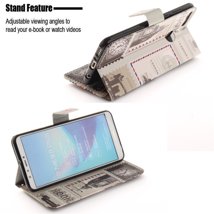 Patterned Wallet Stand Leather Cellphone Cover Case for Huawei Y9 (2018)/Enjoy 8 Plus - London Elements-5