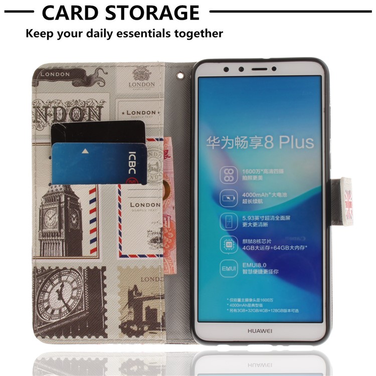 Patterned Wallet Stand Leather Cellphone Cover Case for Huawei Y9 (2018)/Enjoy 8 Plus - London Elements-7