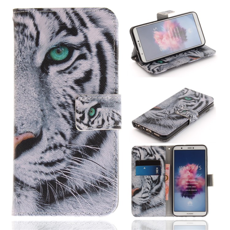 Patterned Wallet Stand PU Leather Case for Huawei P Smart / Enjoy 7S - Tiger with Green Eye-1