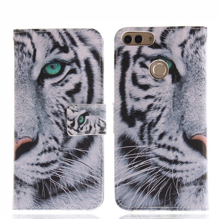 Patterned Wallet Stand PU Leather Case for Huawei P Smart / Enjoy 7S - Tiger with Green Eye-3