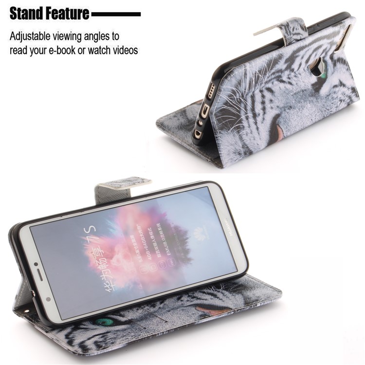 Patterned Wallet Stand PU Leather Case for Huawei P Smart / Enjoy 7S - Tiger with Green Eye-5