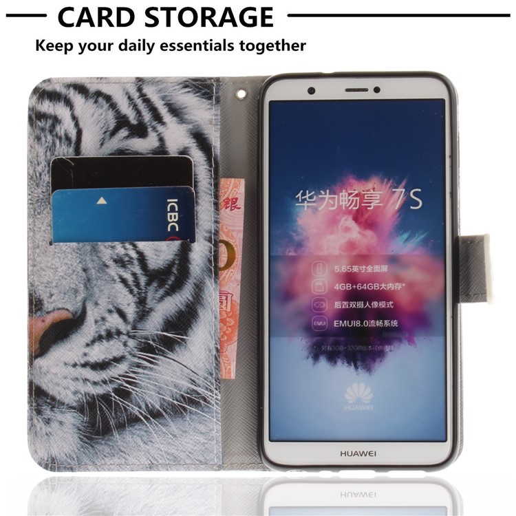Patterned Wallet Stand PU Leather Case for Huawei P Smart / Enjoy 7S - Tiger with Green Eye-7