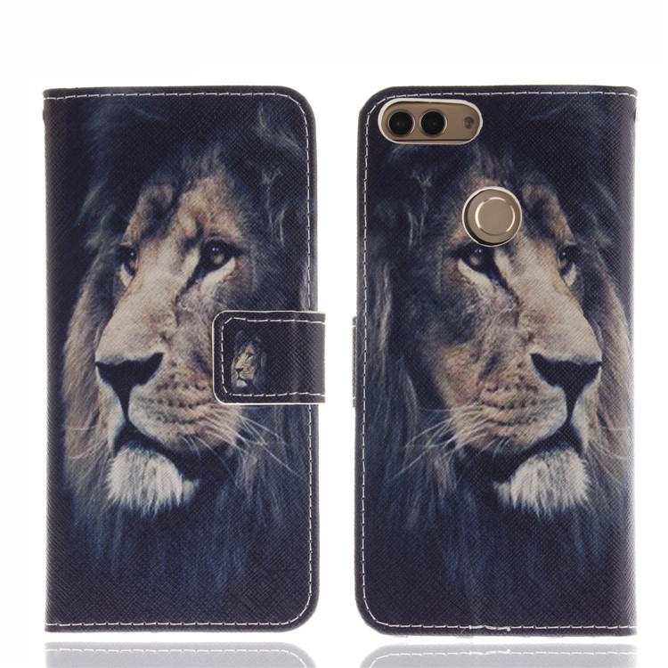 Patterned Wallet Stand PU Leather Cover for Huawei P Smart / Enjoy 7S - Lion-3