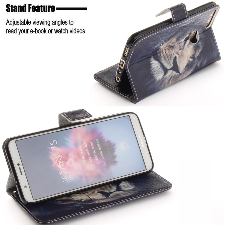 Patterned Wallet Stand PU Leather Cover for Huawei P Smart / Enjoy 7S - Lion-5
