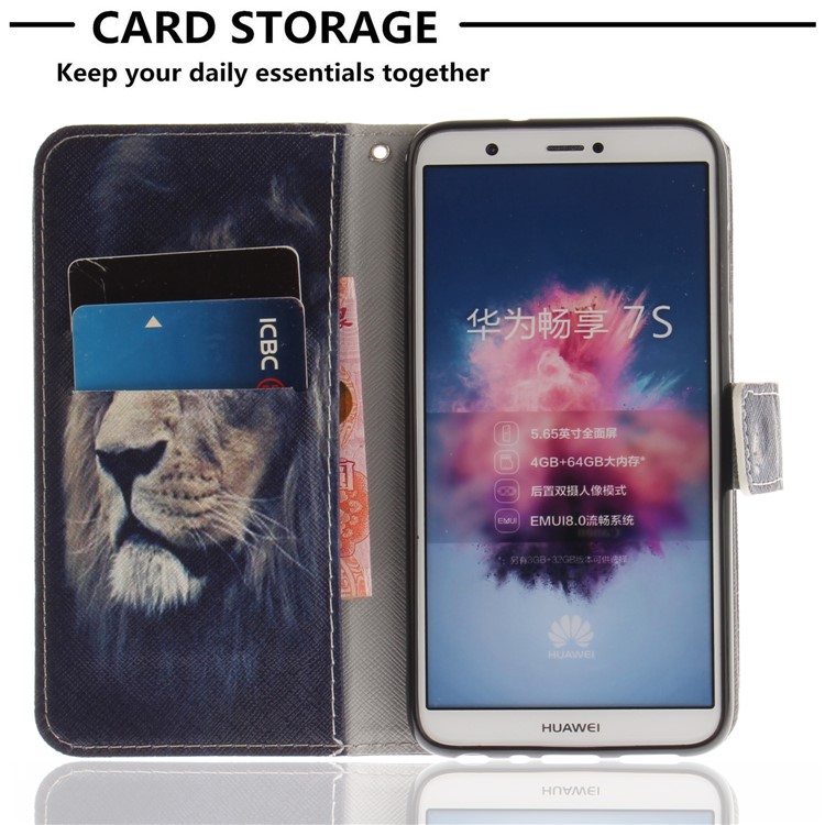 Patterned Wallet Stand PU Leather Cover for Huawei P Smart / Enjoy 7S - Lion-7