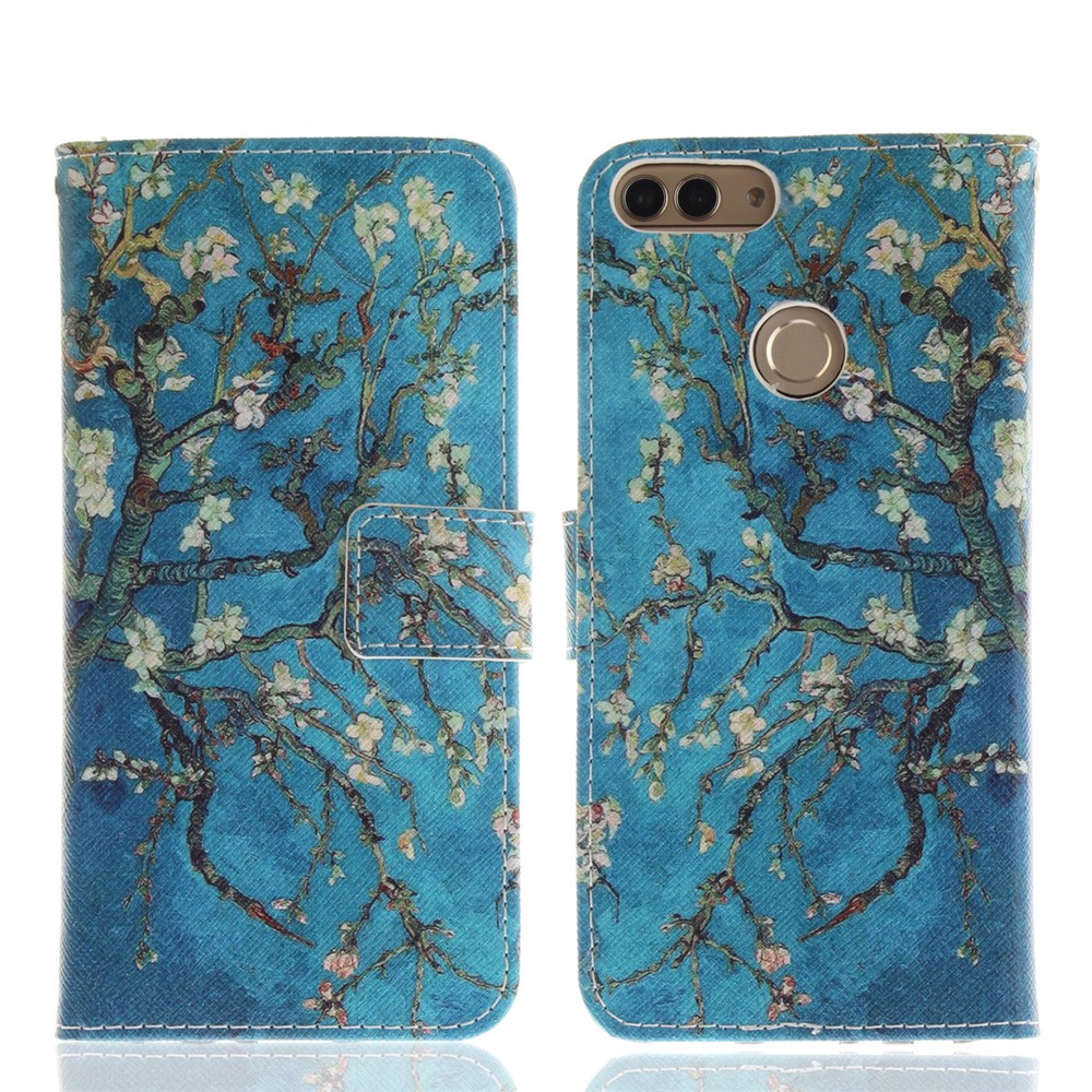 Patterned Wallet Stand PU Leather Shell for Huawei P Smart / Enjoy 7S - Almond Tree in Blossom-3