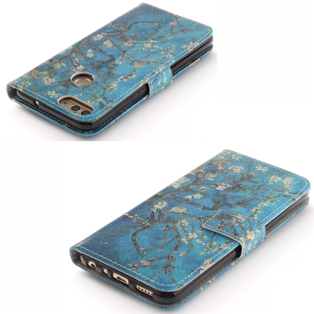 Patterned Wallet Stand PU Leather Shell for Huawei P Smart / Enjoy 7S - Almond Tree in Blossom-4