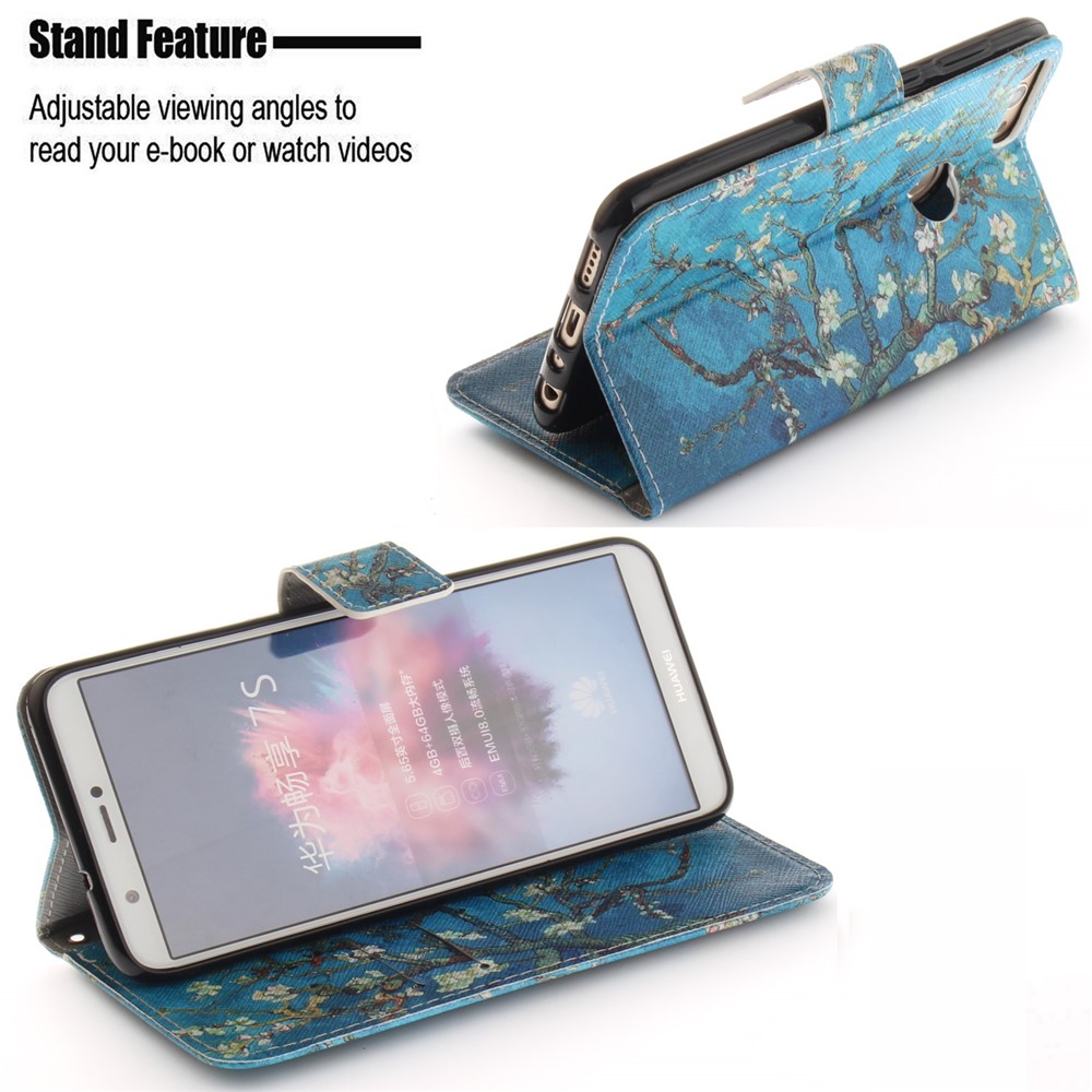 Patterned Wallet Stand PU Leather Shell for Huawei P Smart / Enjoy 7S - Almond Tree in Blossom-5