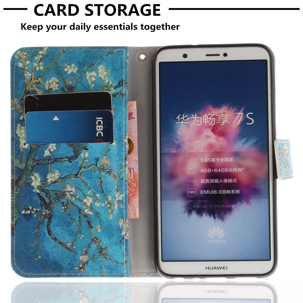Patterned Wallet Stand PU Leather Shell for Huawei P Smart / Enjoy 7S - Almond Tree in Blossom-7