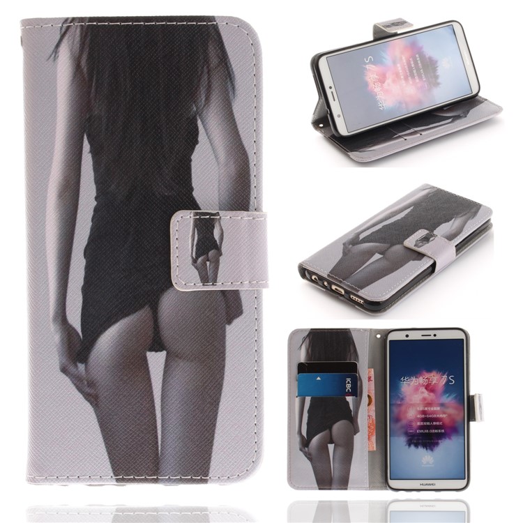Patterned Wallet Stand PU Leather Flip Case for Huawei P Smart / Enjoy 7S - Hot Girl-1