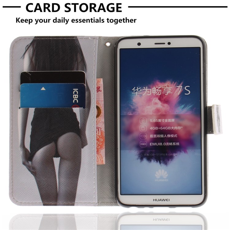 Patterned Wallet Stand PU Leather Flip Case for Huawei P Smart / Enjoy 7S - Hot Girl-7