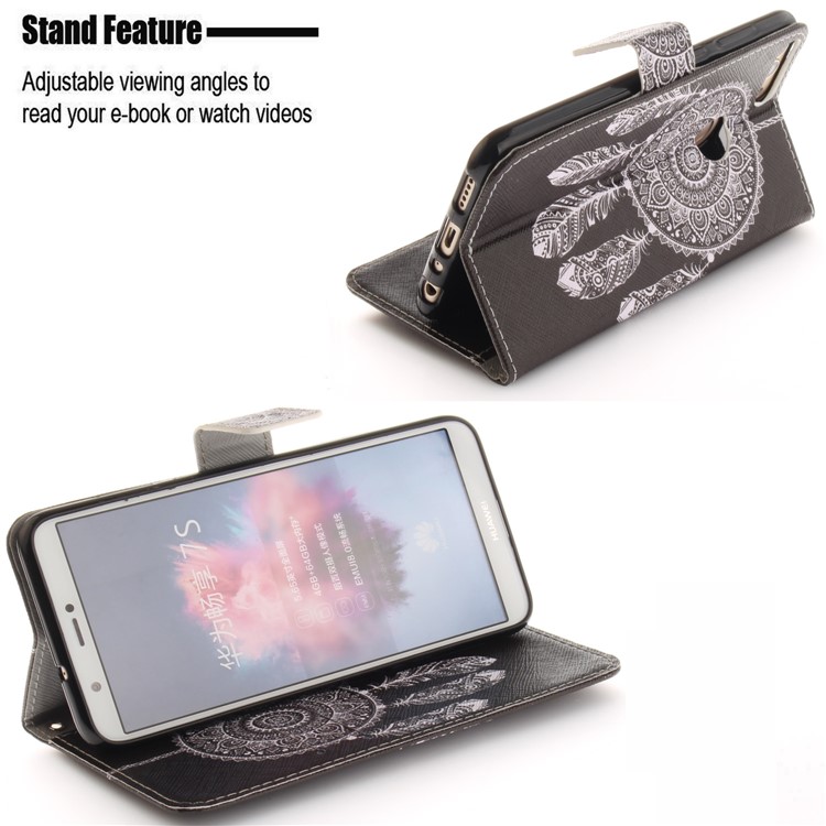 Patterned Wallet Stand PU Leather Flip Cover for Huawei P Smart / Enjoy 7S - Tribal Dream Catcher-5