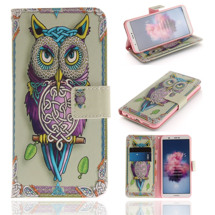 Patterned Wallet Stand PU Leather Phone Casing for Huawei P Smart / Enjoy 7S - Colorful Owl-1