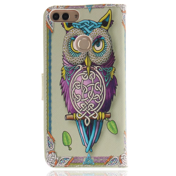 Patterned Wallet Stand PU Leather Phone Casing for Huawei P Smart / Enjoy 7S - Colorful Owl-2