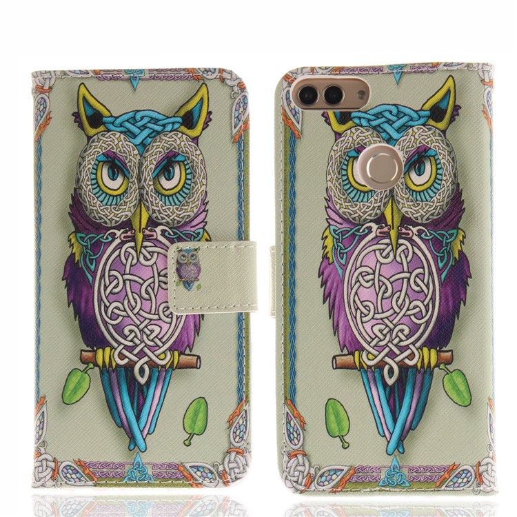 Patterned Wallet Stand PU Leather Phone Casing for Huawei P Smart / Enjoy 7S - Colorful Owl-3