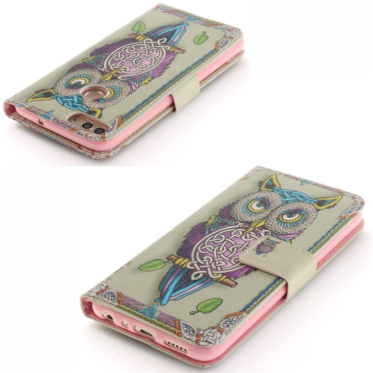 Patterned Wallet Stand PU Leather Phone Casing for Huawei P Smart / Enjoy 7S - Colorful Owl-4