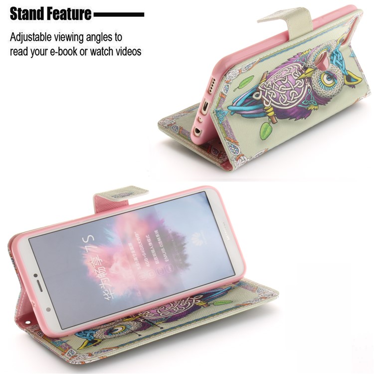 Patterned Wallet Stand PU Leather Phone Casing for Huawei P Smart / Enjoy 7S - Colorful Owl-5