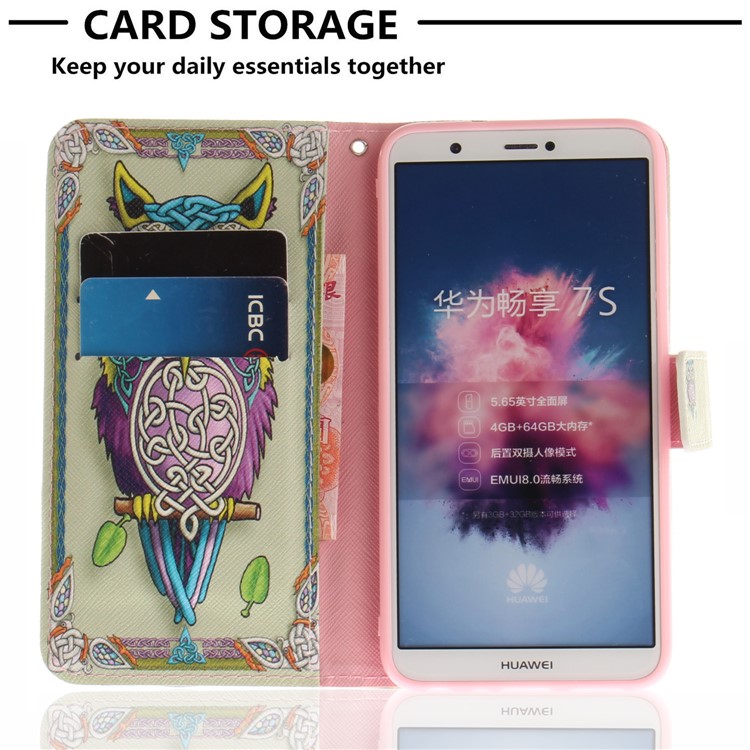 Patterned Wallet Stand PU Leather Phone Casing for Huawei P Smart / Enjoy 7S - Colorful Owl-7