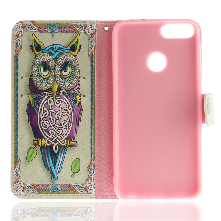 Patterned Wallet Stand PU Leather Phone Casing for Huawei P Smart / Enjoy 7S - Colorful Owl-8
