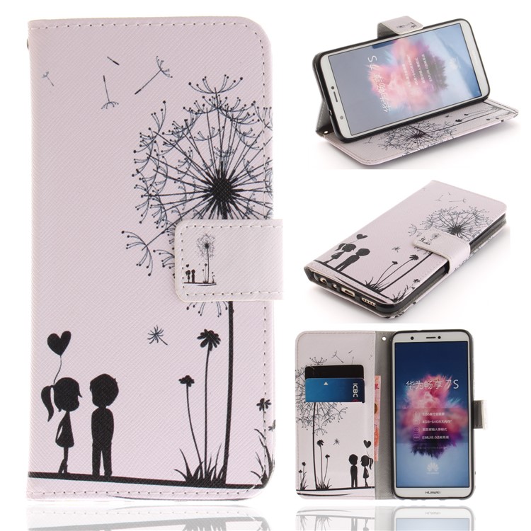 Patterned Wallet Stand PU Leather Mobile Shell for Huawei P Smart / Enjoy 7S - Dandelion and Lovers-1