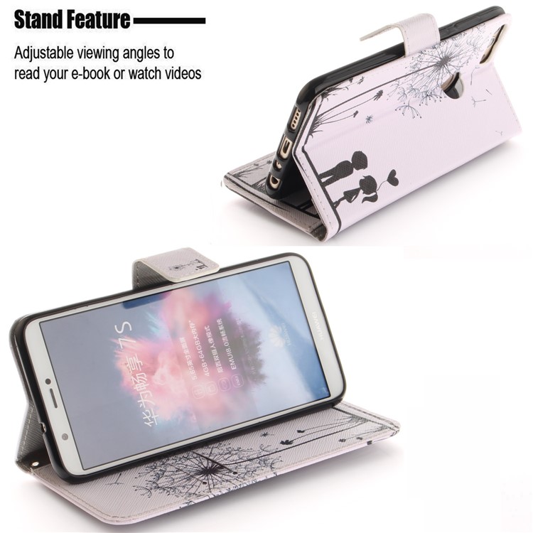 Patterned Wallet Stand PU Leather Mobile Shell for Huawei P Smart / Enjoy 7S - Dandelion and Lovers-5