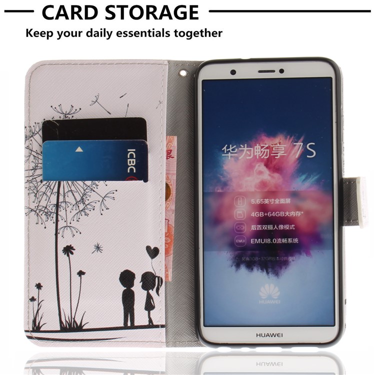 Patterned Wallet Stand PU Leather Mobile Shell for Huawei P Smart / Enjoy 7S - Dandelion and Lovers-7