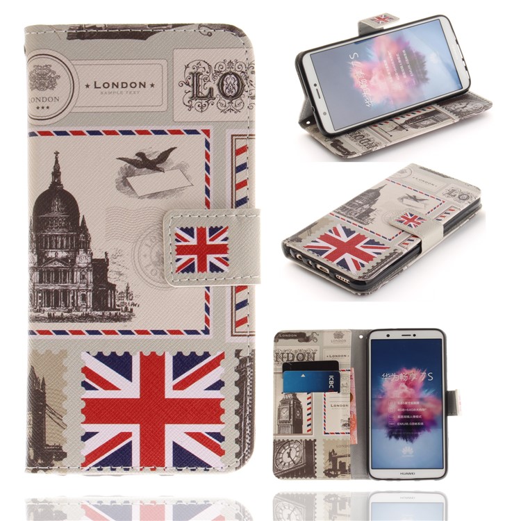 Patterned Wallet Stand PU Leather Protection Casing for Huawei P Smart / Enjoy 7S - London Elements-1