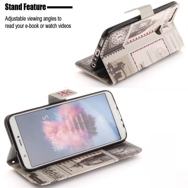 Patterned Wallet Stand PU Leather Protection Casing for Huawei P Smart / Enjoy 7S - London Elements-5