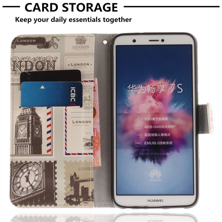 Patterned Wallet Stand PU Leather Protection Casing for Huawei P Smart / Enjoy 7S - London Elements-7