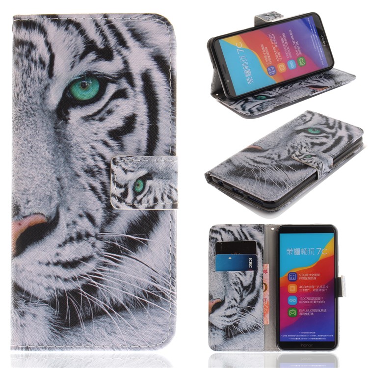 Pattern Printing Wallet Stand Leather Case for Huawei Honor 7C / Enjoy 8 /Y7 Prime (2018) - Tiger with Green Eye-1