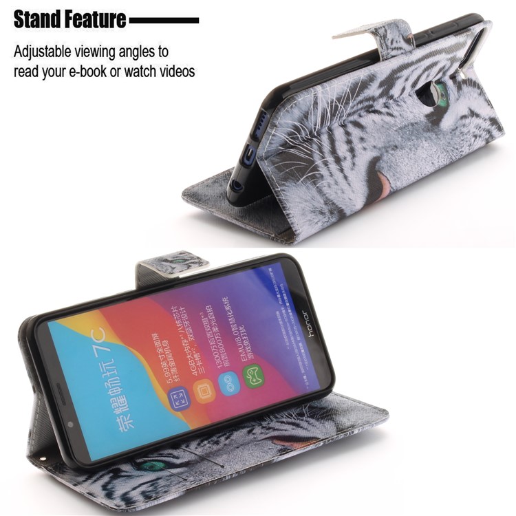 Pattern Printing Wallet Stand Leather Case for Huawei Honor 7C / Enjoy 8 /Y7 Prime (2018) - Tiger with Green Eye-5