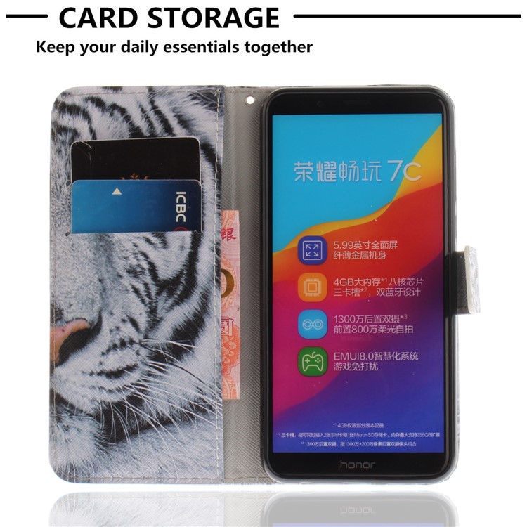 Pattern Printing Wallet Stand Leather Case for Huawei Honor 7C / Enjoy 8 /Y7 Prime (2018) - Tiger with Green Eye-7