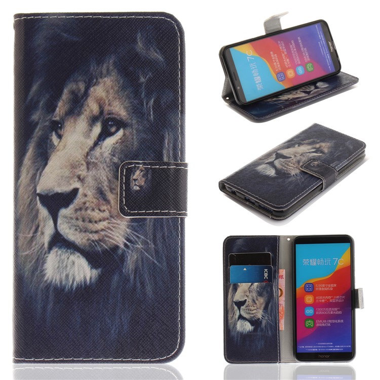 Pattern Printing Wallet Stand Leather Cover for Huawei Honor 7C / Enjoy 8 /Y7 Prime (2018) - Lion-1