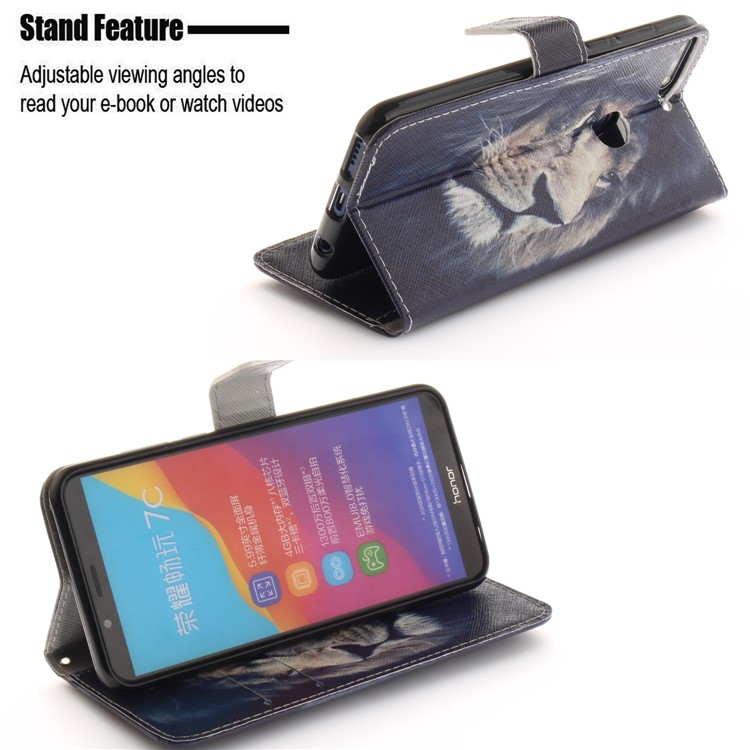 Pattern Printing Wallet Stand Leather Cover for Huawei Honor 7C / Enjoy 8 /Y7 Prime (2018) - Lion-5