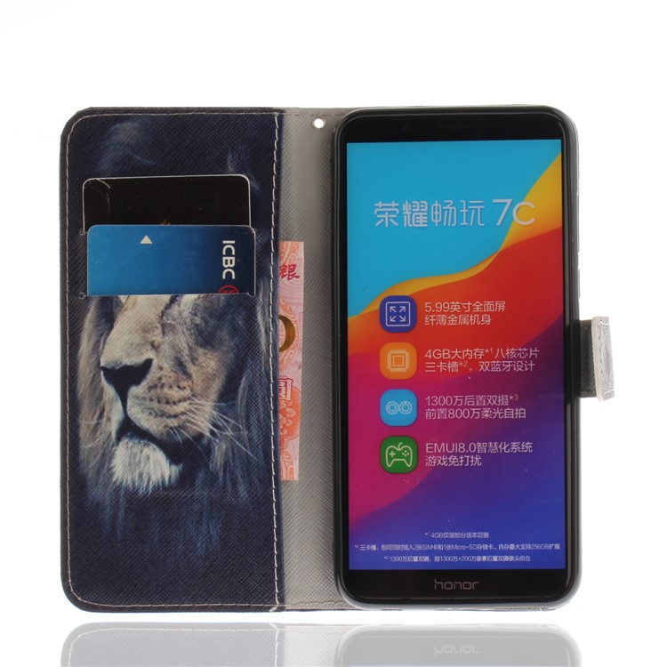 Pattern Printing Wallet Stand Leather Cover for Huawei Honor 7C / Enjoy 8 /Y7 Prime (2018) - Lion-7
