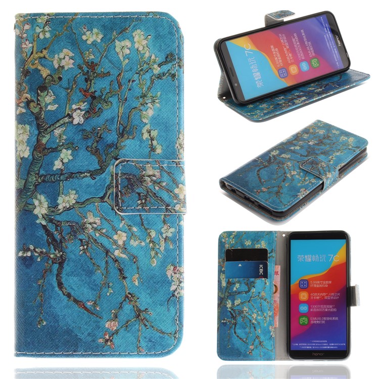 Pattern Printing Wallet Stand Leather Shell for Huawei Honor 7C / Enjoy 8 /Y7 Prime (2018) - Almond Tree in Blossom-1