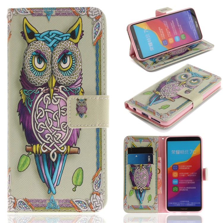 Pattern Printing Wallet Stand Leather Phone Shell for Huawei Honor 7C / Enjoy 8 /Y7 Prime (2018) - Colorful Owl-1