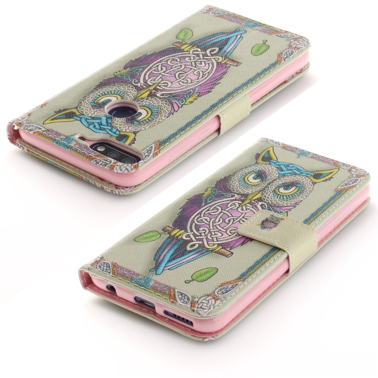 Pattern Printing Wallet Stand Leather Phone Shell for Huawei Honor 7C / Enjoy 8 /Y7 Prime (2018) - Colorful Owl-4