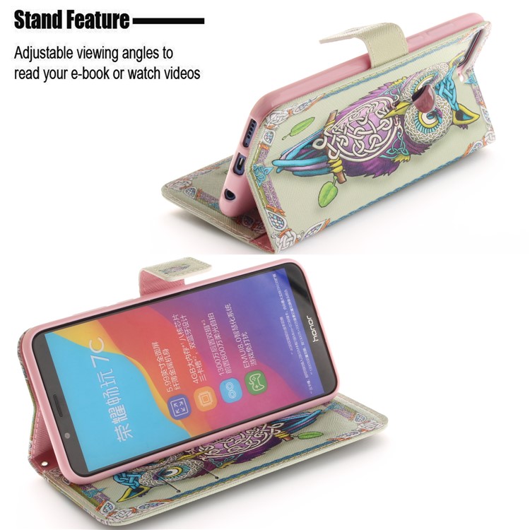 Pattern Printing Wallet Stand Leather Phone Shell for Huawei Honor 7C / Enjoy 8 /Y7 Prime (2018) - Colorful Owl-5