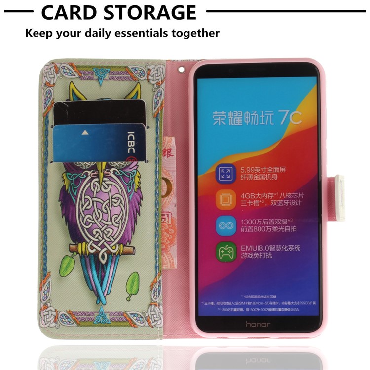 Pattern Printing Wallet Stand Leather Phone Shell for Huawei Honor 7C / Enjoy 8 /Y7 Prime (2018) - Colorful Owl-7