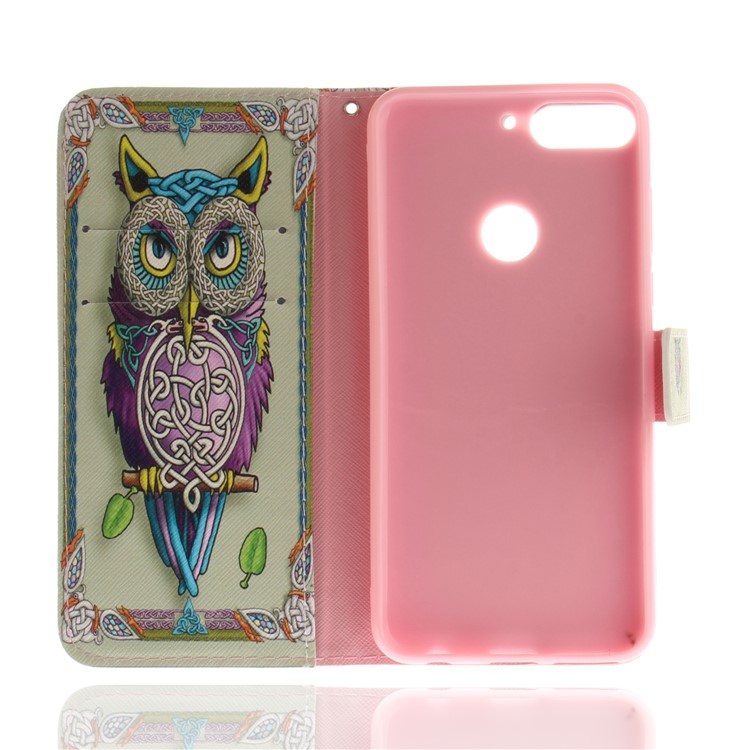 Pattern Printing Wallet Stand Leather Phone Shell for Huawei Honor 7C / Enjoy 8 /Y7 Prime (2018) - Colorful Owl-8