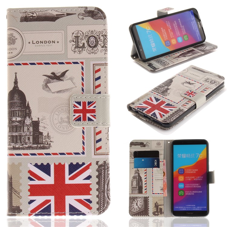 Patterned Wallet Stand Leather Case Accessory for Huawei Honor 7C / Enjoy 8 /Y7 Prime (2018) - London Elements-1